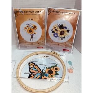 3 Coordinating Sunflowers Design Handwork Embroidery Kits Instructions NEW